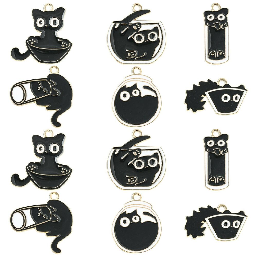 4489 30pcs 6 Styles Enamel Black Cat Charms Bottle with Cat Charms